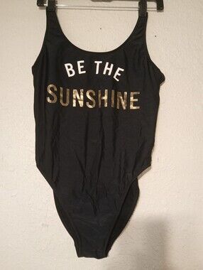 Hollister Black One-Piece Swimsuit with Gold and White 'Be The Sunshine' Print